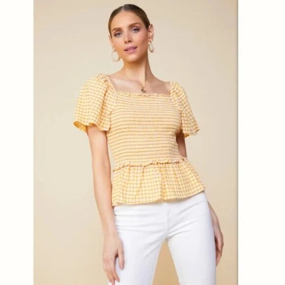 💕SKIES ARE BLUE💕 Checkered Smocked Top Yellow Mustard Gingham Print Large NWT - Picture 1 of 12